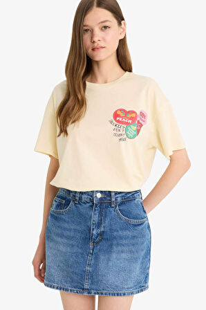 Oversize Geniş Kalıp Bisiklet Yaka Sırt Baskılı Kısa Kollu Tişört