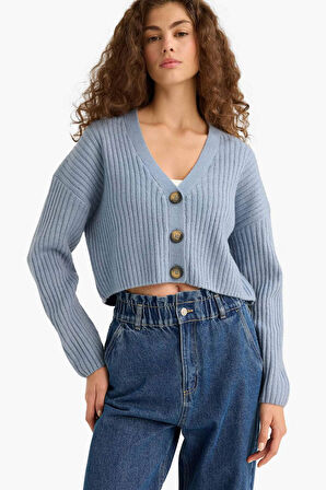 Regular Fit V Yaka Düğmeli Triko Hırka