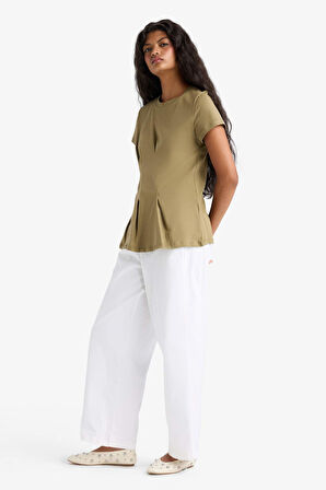 Barrel Fit Çift Cepli Yüksek Bel Düz Paça Gabardin Pantolon