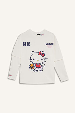 Coool Hello Kitty Oversize Geniş Kalıp Bisiklet Yaka Uzun Kollu Tişört