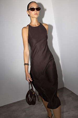 Halter Yaka Keten Kolsuz Maxi Elbise