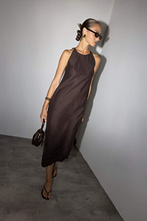 Halter Yaka Keten Kolsuz Maxi Elbise