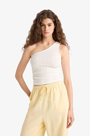 Slim Fit Dar Kesim Tek Omuzlu Dantel Beyaz Atlet