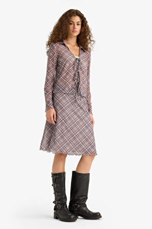 Fitted Gömlek Yaka Kareli Tül Uzun Kollu Bluz