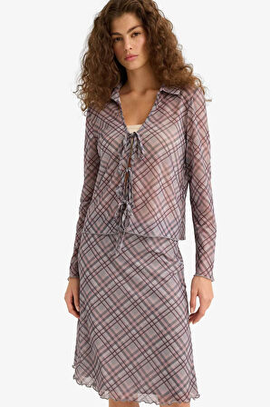 Fitted Gömlek Yaka Kareli Tül Uzun Kollu Bluz