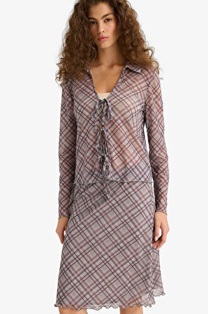 Fitted Gömlek Yaka Kareli Tül Uzun Kollu Bluz