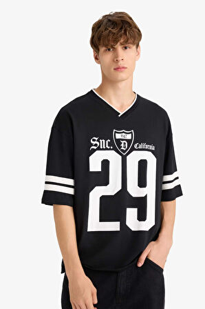 Loose Fit Bisiklet Yaka Baskılı Kısa Kollu Tişört