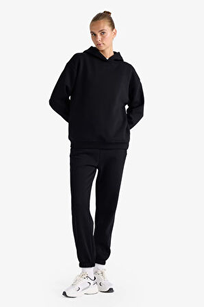 Relax Fit Kapüşonlu Basic Düz Kalın Sweatshirt
