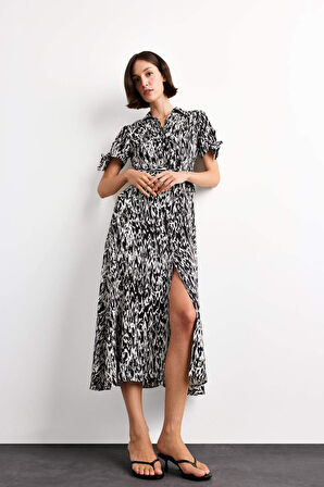 Desenli Kısa Kollu Midi Elbise