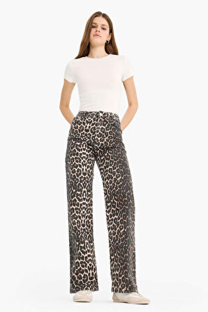 Straight Fit Yüksek Bel Leopar Desenli Uzun Boy Gabardin Pantolon