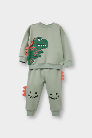 Erkek Bebek 2'li Takım 3D Dinozor Baskılı Sweatshirt Eşofman Altı