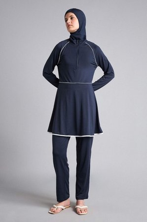 DeFacto Regular Fıt 4'lü Beyaz Biyeli Lacivert Burkini Mayo G8873AX26SMNV31