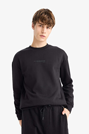 Boxy Fit Bisiklet Yaka İçi Yumuşak Tüylü Baskılı Sweatshirt