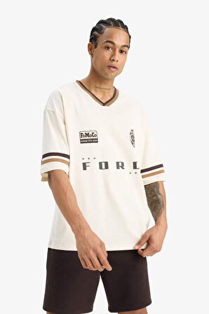 %100 Pamuk Ford Motor Company Loose Fit V Yaka Kısa Kollu Tişört