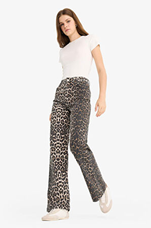 Straight Fit Yüksek Bel Leopar Desenli Uzun Boy Gabardin Pantolon