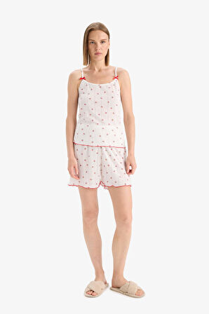 Regular Fit Pijama Takımı Desenli Askılı Pijama Üstü Esnek Belli Şort Pijama Altı-Fall in Love