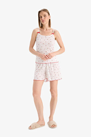 Regular Fit Pijama Takımı Desenli Askılı Pijama Üstü Esnek Belli Şort Pijama Altı-Fall in Love