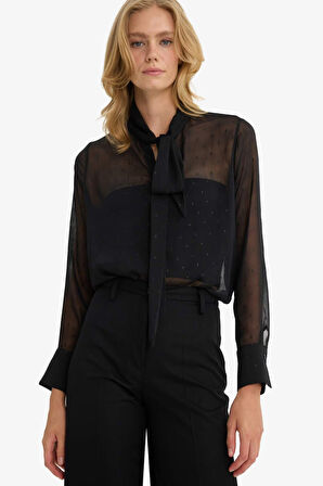 Regular Fit Şifon Puantiyeli Uzun Kollu Bluz