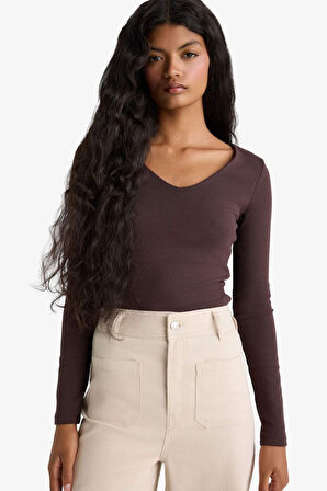 Slim Fit Dar Kesim Basic Düz Modal Uzun Kollu Tişört