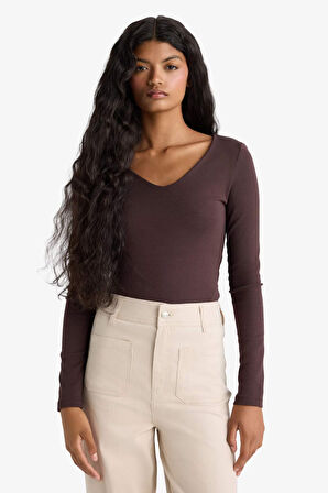 Slim Fit Dar Kesim Basic Düz Modal Uzun Kollu Tişört