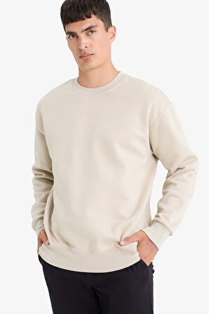 Relax Fit Bisiklet Yaka Kalın Basic Düz Sweatshirt
