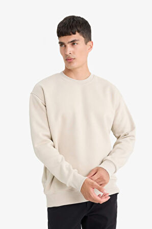 Relax Fit Bisiklet Yaka Kalın Basic Düz Sweatshirt