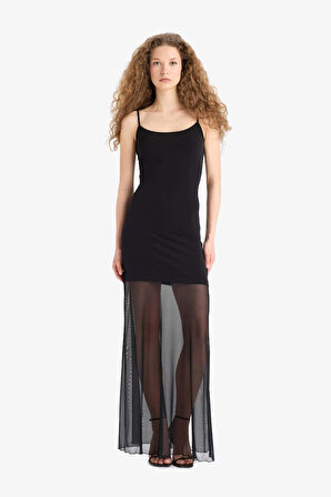 Coool Bodycon Vücudu Saran Kare Yaka Askılı Tül Maxi Elbise