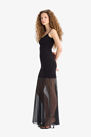 Coool Bodycon Vücudu Saran Kare Yaka Askılı Tül Maxi Elbise