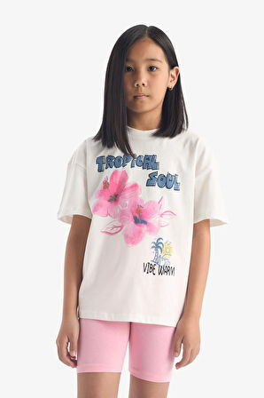 DeFacto Kız Çocuk 2'li Takım Baskılı Kısa Kollu Tişört Biker Tayt E4757A825SMER140