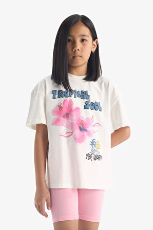 DeFacto Kız Çocuk 2'li Takım Baskılı Kısa Kollu Tişört Biker Tayt E4757A825SMER140