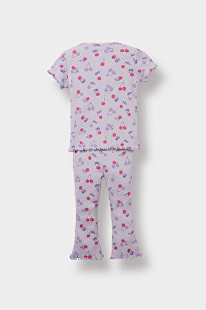 Kız Bebek 2'li Takım Desenli Fitilli Kaşkorse Kısa Kollu Tişört Tayt