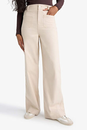Straight Fit Yamalı Cep Normal Bel Düz Paça Uzun Boy Gabardin Pantolon