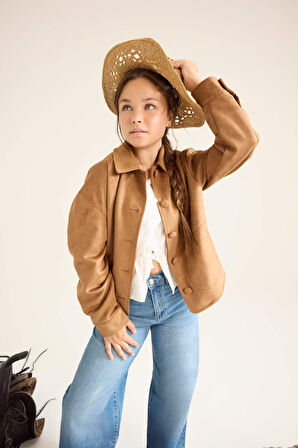 Kız Çocuk Ceket Yaka Düğmeli Süet Mont