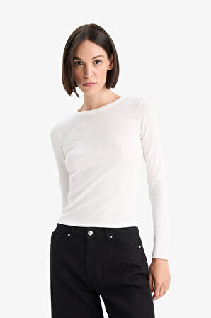 Slim Fit Dar Kesim Basic Düz Fitilli Kaşkorse Uzun Kollu Tişört