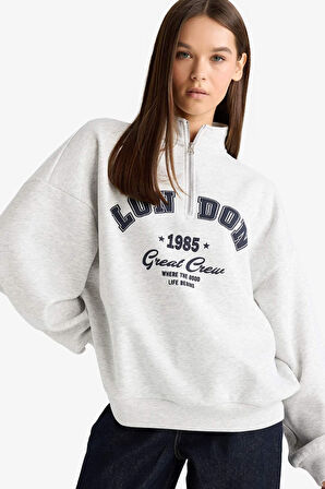 Overshirt Fit Yarım Fermuarlı Baskılı Kalın Kumaş Sweatshirt