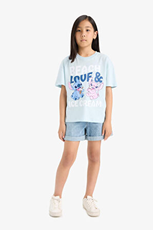 Kız Çocuk Disney Lilo & Stitch Relax Fit Bisiklet Yaka Kısa Kollu Tişört