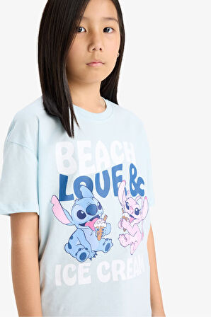 Kız Çocuk Disney Lilo & Stitch Relax Fit Bisiklet Yaka Kısa Kollu Tişört