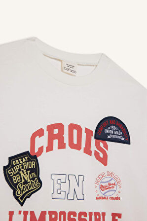 Kız Çocuk Okula Dönüş Oversize Geniş Kalıp Bisiklet Yaka Slogan Baskılı Uzun Kollu Tişört