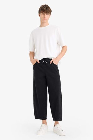 DeFacto %100 Pamuk Barrel Fit Beli Bağcıklı Lastikli Geniş Paça Jean Yıkamalı Pantolon F8354AX25AUNM40