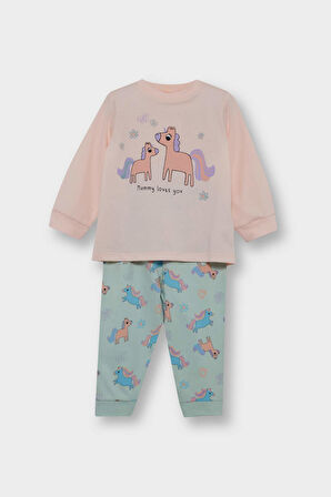 Kız Bebek 4'lü Pijama Takımı Unicorn Baskılı Uzun Kollu Penye Üst Uzun Alt