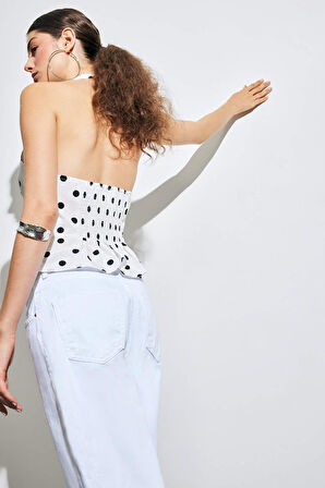 Fitted Boyundan Bağlamalı Puantiyeli Poplin Kolsuz Bluz