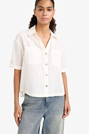 Oversize Geniş Kalıp Gömlek Yaka Pamuklu Kısa Kollu Gömlek