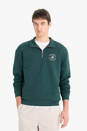 Boxy Fit Dik Yaka Fermuarlı Baskılı Sweatshirt 