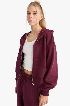 Coool Cropped Fit Kapüşonlu Kalın Fermuarlı Sweatshirt