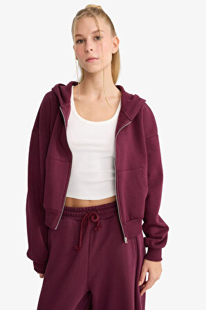 Coool Cropped Fit Kapüşonlu Kalın Fermuarlı Sweatshirt