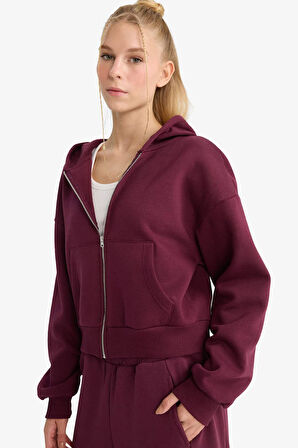 Coool Cropped Fit Kapüşonlu Kalın Fermuarlı Sweatshirt