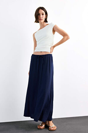 Relax Fit Beli Lastikli Krinkıl Kumaş Midi Etek