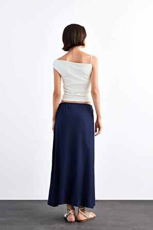 Relax Fit Beli Lastikli Krinkıl Kumaş Midi Etek