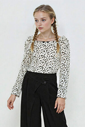 Kız Çocuk Slim Fit Dar Kesim Çiçekli Bürümcük Uzun Kollu Tişört