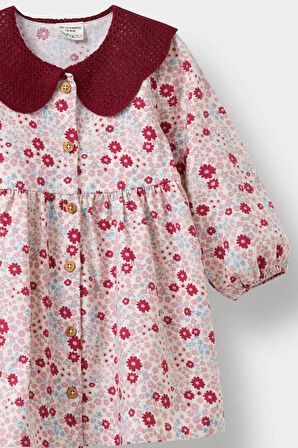 Kız Bebek Bebe Yaka Çiçekli Uzun Kollu Twill Elbise